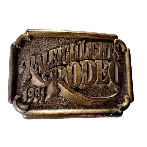 Vintage 1981 Raleigh Lights Rodeo Men's Brass Belt Buckle Western Cowboy - Picture 1 of 7